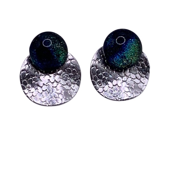 Wear 2 Ways! Dichroic Glass Studs with Textured Silver Earrings - Picture 4 of 9